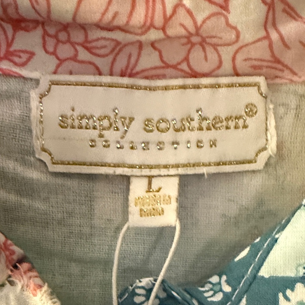 Simply Southern Patchwork Floral Button-Up in Teal, Pink, Yellow, Cream - Picture 3 of 6